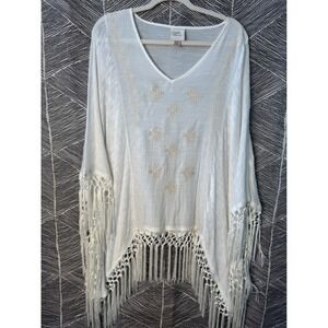 Bohemian Dream White Embroidered Fringe Poncho Top S/M Boho‎ Beach Cover Up